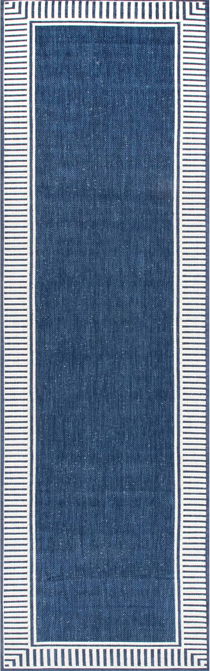 nuLOOM 2' x 8' Outdoor Area Rug, Casual Design With Striped Border, Stain Resistant, Highly Durable, For Patio, Balcony, Bedroom, Living Room, Dining Room, Bathroom, Navy