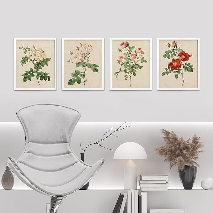 SIGNWIN Framed Vintage Colorful Wildflower Wall Art, Set of 4 Variety Floral Wall Decor Prints, Nature Wilderness Wall D¨¦cor for Living Room, Bedroom - 12"x16" White