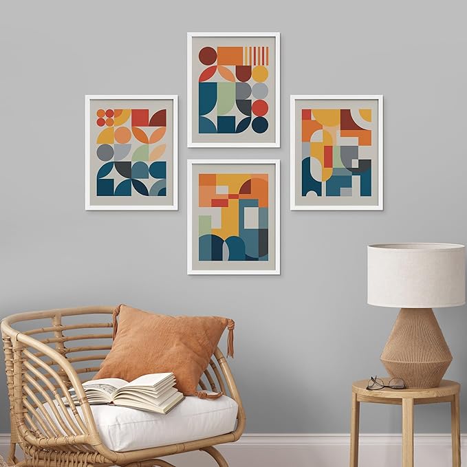 SIGNWIN Framed Mid-Century Modern Colorful Geometric Polygons Wall Art, Set of 4 Abstract Geometric Wall Decor Prints, Nature Wilderness Wall Décor for Living Room, Bedroom - 12"x16" White