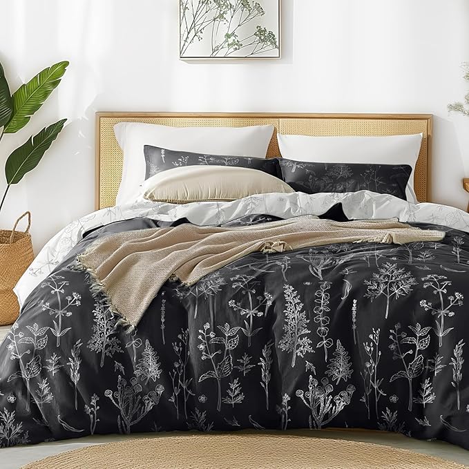 Love's cabin Black Twin Comforter Set - Twin XL Size Comforter Set Dorm Bedding, 2 Pieces Cute Floral Bedding, Soft Reversible Flowers Comforter, 1 Comforter & 1 Pillow Sham