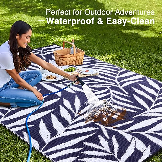 OLANLY Waterproof Outdoor Rug 9x12 ft, Reversible Outdoor Plastic Straw Rug with Leaf Pattern, RV Mat, Indoor Outdoor Carpet for Patio, Camping, Balcony, Deck, Backyard, Navy & White
