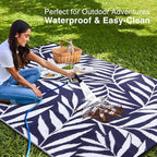 OLANLY Waterproof Outdoor Rug 8x10 ft, Reversible Outdoor Plastic Straw Rug with Leaf Pattern, RV Mat, Indoor Outdoor Carpet for Patio, Camping, Balcony, Deck, Backyard, Navy & White