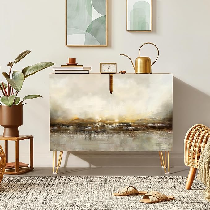 SIGNWIN Sideboard Buffet Cabinet, Kitchen Storage Cabinet with 2 Doors, Brown & Gray Grunge Paint, Cupboard Console Table for Dining Room - 35" L x 18" W x 29" H