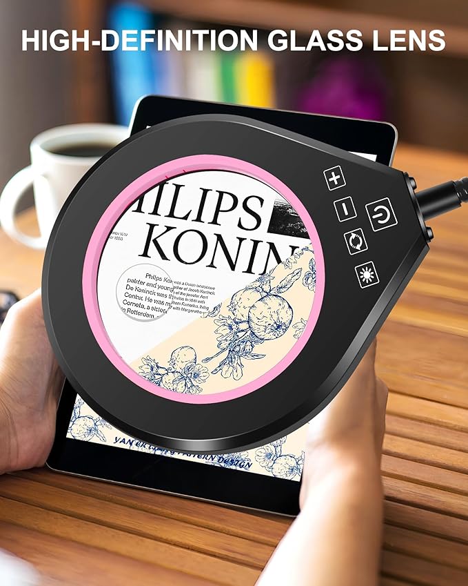 Flexible Gooseneck 2-in-1 Magnifying Glass with Light and Stand,10x & 5x Real Glass Lens Magnifying Lamp, 5 Color Stepless Hands-Free LED Desk Lamp with Clamp for Painting, Crafts, Reading (Pink)