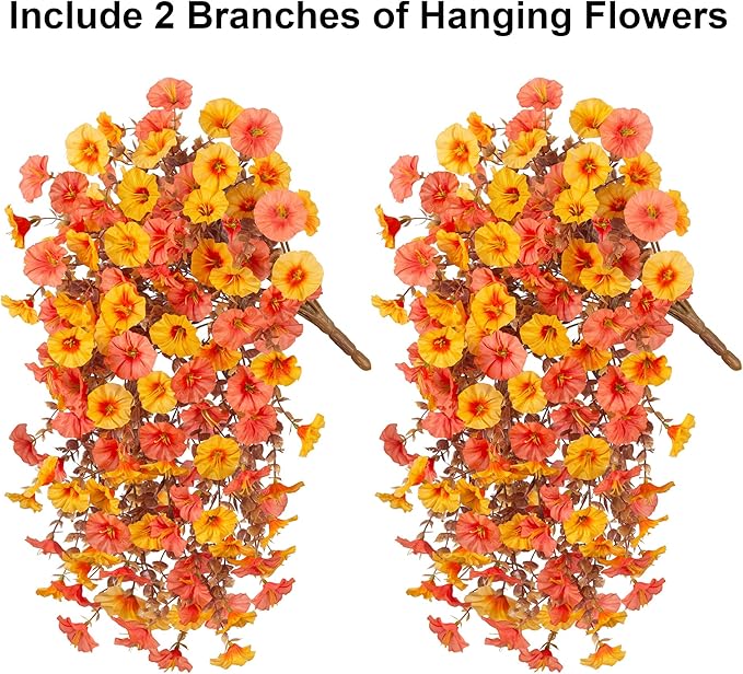 2 PCS Artificial Faux Fall Hanging Flowers Plants for Outdoor Decor,Fake Silk Morning Glory with Eucalyptus UV Resistant Mums for Wall Home Porch Patio Balcony Yard Indoor Decor (Fall Orange+Yellow)