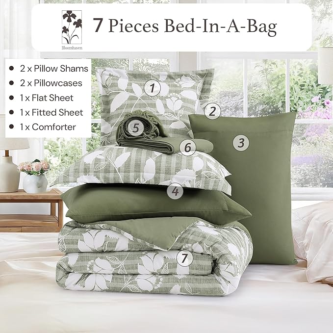 King Comforter Set -7 Pieces Sage Green Floral Comforter Set for All Seasons, Bed in a Bag King with Botanical Flowers Comforter, Sheets, Pillowcases & Shams