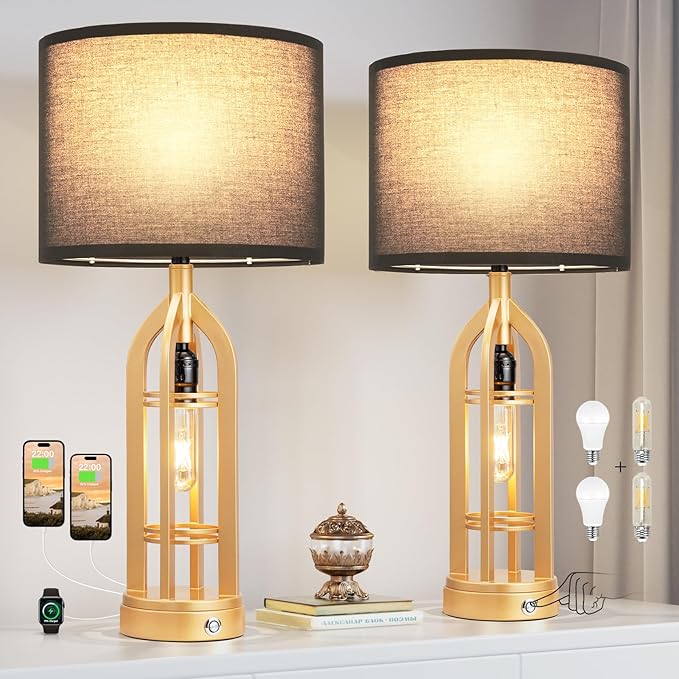 Seealle Table Lamps for Living Room Set of 2 - Gold Bedside Lamp for Bedroom with USB C+A & Outlet, Farmhouse Lamps for Night Stands, 3-Way Dimmable Touch Lamps for Living Room with Black Shade