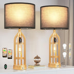 Seealle Table Lamps for Living Room Set of 2 - Gold Bedside Lamp for Bedroom with USB C+A & Outlet, Farmhouse Lamps for Night Stands, 3-Way Dimmable Touch Lamps for Living Room with Black Shade