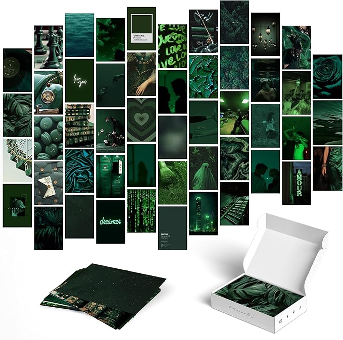 Y2K BOO Dark Green Wall Collage Kit - 50 Aesthetic Posters for Room Decor, Perfect for Dorms and Bedrooms, Stylish Dark Green Wall Art for Teen Girls and Cozy Spaces