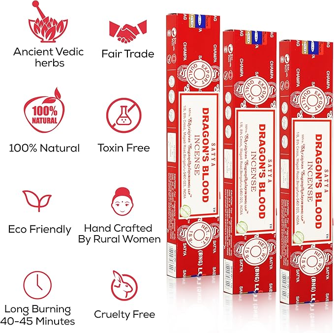 Satya Dragon Blood Incense Sticks, Satya Bng (Bangalore) Insenses 15gmx12 Pack with Raajsee Incense Holder Bundle, Satya Nag Champa Natural Incense