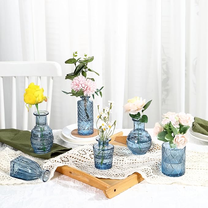 Bud Vases in Bulk 64, Glass Vases for Centerpieces, Small Flower Vase for Centerpieces, Small Vases for Flowers, Mini Vintage Vase, Blue Bud Vases for Wedding Table Decor