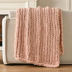 Esterra Chunky Knit Blanket Throw 60"x80", 100% Hand Knitted Chenille Throw Blanket, Cozy Soft Thick Cable Knit Throw Large Rope Knot Crochet Throw Blanket for Sofa Couch Bed, Dusty Pink