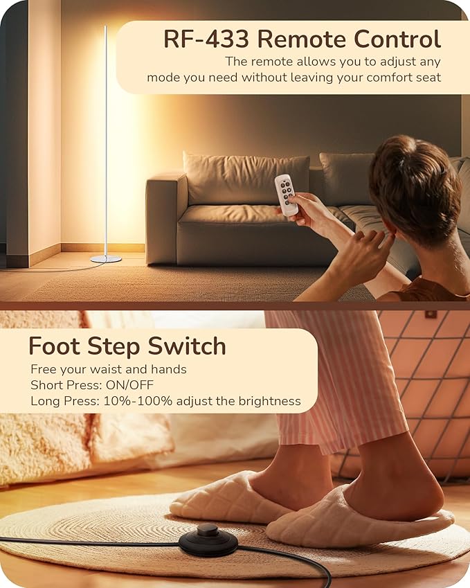 EDISHINE LED Corner Floor Lamp, Minimalist Dimmable Light with Remote, 57.5 Inches Tall Floor Lamps for Living Room, Bedroom, Home Office, 7 Color Temperature 2700-6000K (White)