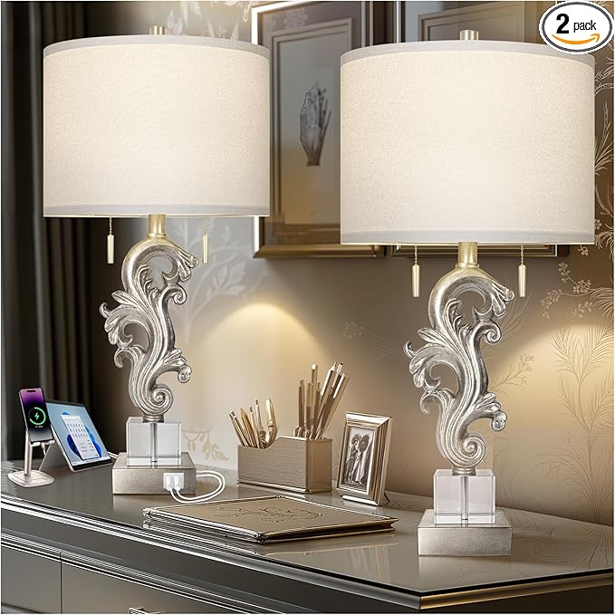Scenekoy Table Lamp Set of 2 with USB Ports, Pull Chains Switch, 27” Silver Leaf Sculptural Bedside Lamps with Linen Shade for Living Room Bedroom, Nightstand Lamps for Home Room Decor