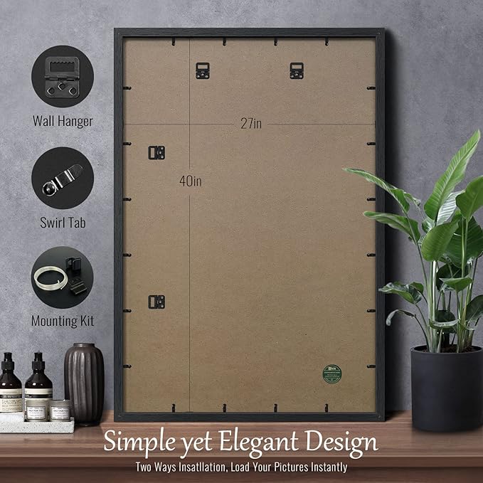 VCK 27x40 Solid Wood Poster Frames Set of 3, Exclusive Woodgrain Black Picture Frame, Wall Mounting Hanging
