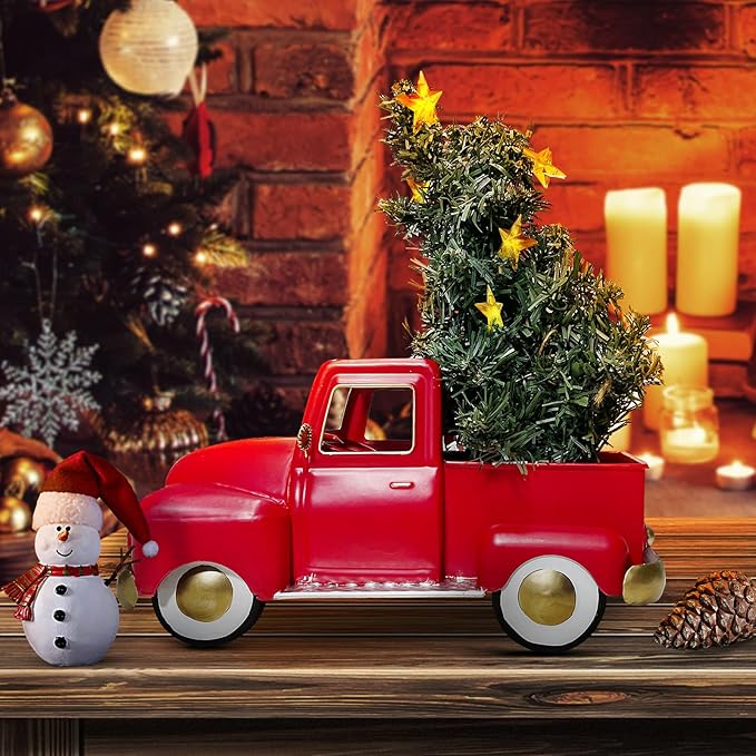 Red Vintage Metal Truck Decor, Red Christmas Truck Decor , Decorative Trucks For Your Home Kitchen, Bedroom, Office, Living Room, Bathroom, & Holiday Shelf Farmhouse Centerpiece Table Decorations