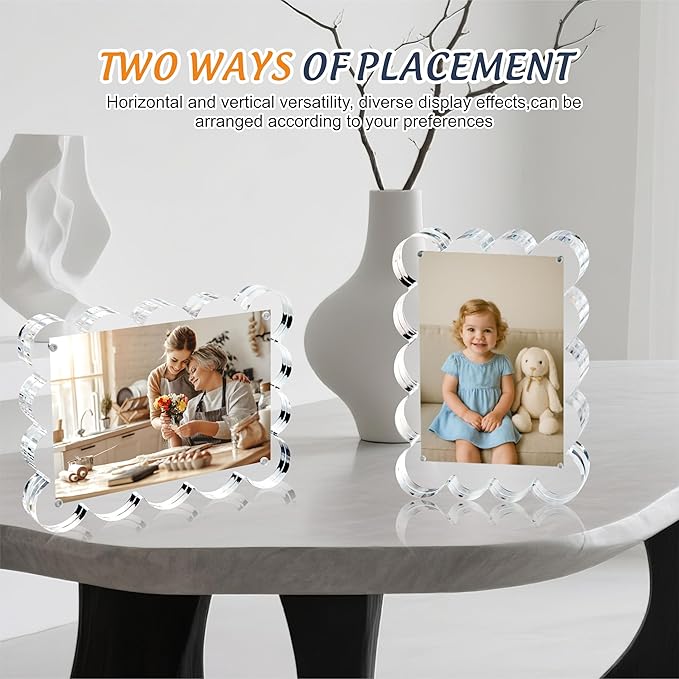 4x6 Inch Magnetic Acrylic Picture Frame,10+10mm Thick Block,Double Sided Clear scalloped frames for Desktop Display | Trendy Home Gift ((1 Pack), 4X6)