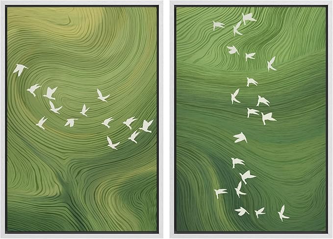 SIGNFORD Framed Canvas Print Wall Art Set Green Swirl Abstract White Birds Illustration Modern Art Decorative Nordic Nature for Living Room, Bedroom, Office - 16"x24"x2 White