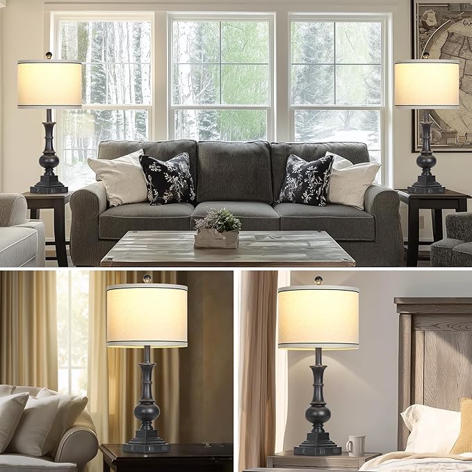 Farmhouse Table Lamps Set of 2, Vintage Bedside Lamps with USB A+C Charging Ports & AC Outlet, 26" Rustic Nightstand Lamp for Living Room Bedroom End Table Wash Black(2 LED Bulbs Included)