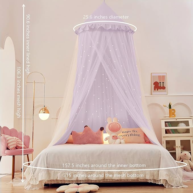 Eimilaly Princess Bed Canopy for Girls, Double Layer Canopy with Cutout Stars, Breathable Dream Canopy & Washable Purple Fabric, Fits Twin/Full Bed - Fairy Bed Tent for Kids Room Decor, Purple