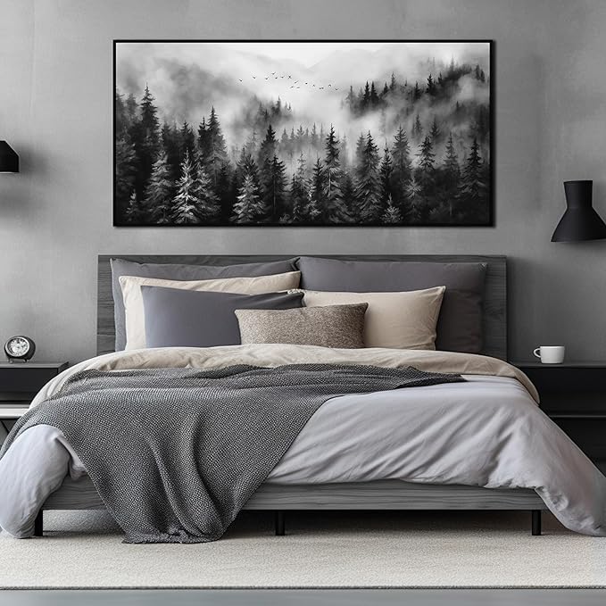 Foggy Forest Wall Art for Living Room Black and White Pictures for Wall Home Office Wall Decor with Black Frame 29 x 58 Inch