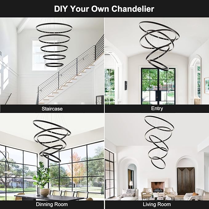 Modern LED Chandelier, 15.7"-31.4" Ring Chandelier, Black, High Ceiling, Foyer, Living Room