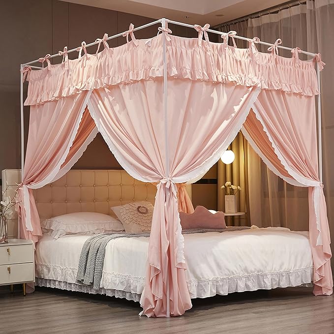 Ruffle Lace up 4 Corners Post Princess Curtain Bed Canopy Cozy Breathable Mosquito Net Cloth for Girls Adults Bedroom Decoration (Pink, 53" W*78" L*82" H/Full)