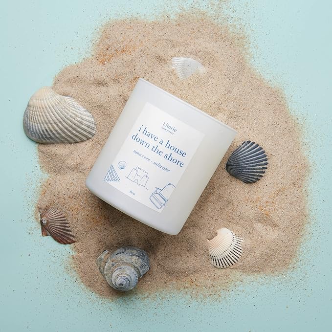 Literie NJ Inspired Scented Candle: I Have a House Down The Shore - Sunscreen & Saltwater Scented, 9oz, 50 Hour Burn, Vegan Soy & Coconut Blend Candle for Home Decor, Gift for Women & Men