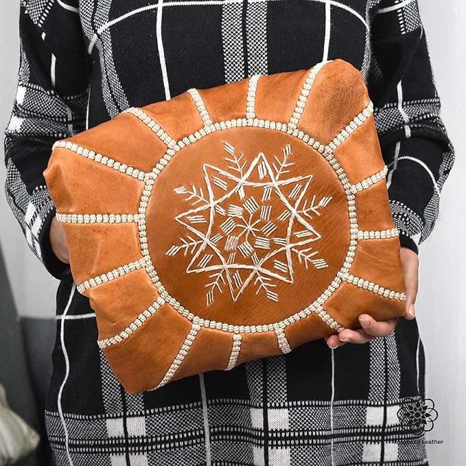 Handmade Moroccan Genuine Leather Pouf Ottoman Cover Unstuffed Foot Stool, Boho Foot Rest Under Desk, Round Ottoman for Living Room, Bedroom - Housewarming & Wedding Gifts