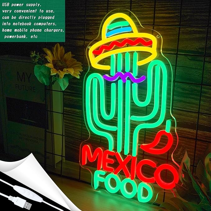 Mexican Food Neon Sign Cactus Neon Lights Dimable Colorful LED Mexican Art Lights Wall Decor for Mexican Restaurants Bars Food Trucks Unique Gift for Taco Enthusiasts Fiesta Parties (15×9.1inch)
