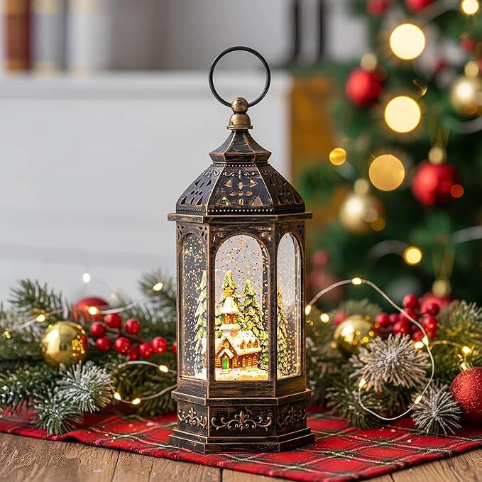 Christmas Snow Globe Lantern Lighted Church Musical Snow Water Lantern Swirling Glittering Home Decoration and Gift, Battery Operated or USB Powered