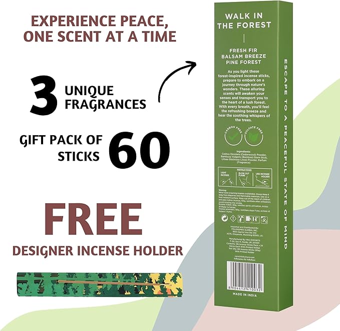 Folkulture Incense Sticks with Holder for Gift | Set of 3 Insenses (60 Insence-Sticks) | Organic Balsam Breeze, Fresh Fir | Pine Forest Non Toxic Incents, Incents or Inscents-Sticks (Forest)