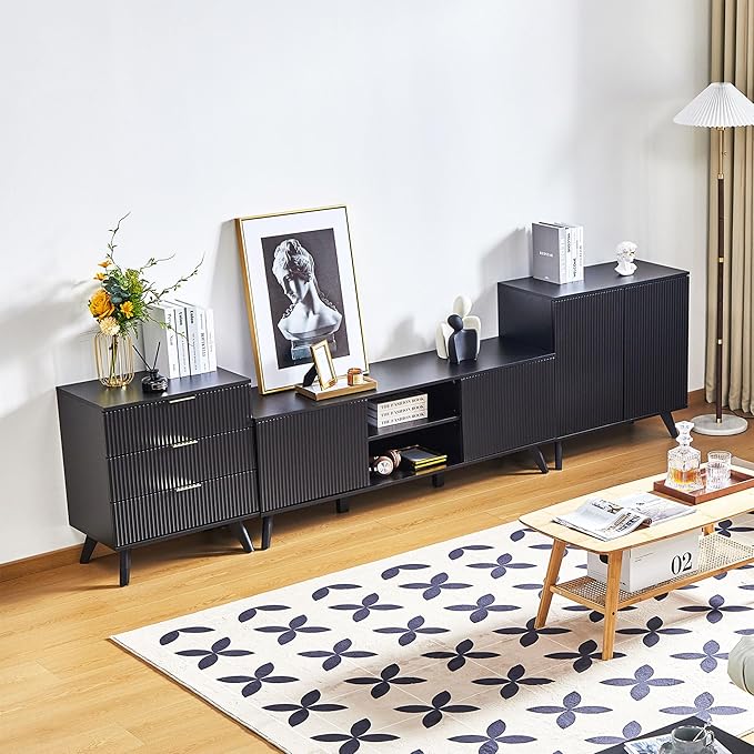 Modern Sideboard Buffet Cabinet Console Table, Accent Storage Cabinets Credenza Buffer Cabinet with 4 Fluted Doors for Kitchen Dining Living Room Entryway(Black)