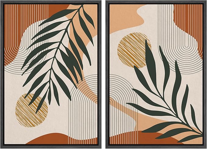 SIGNFORD Framed Canvas Print Wall Art Mid-Century Palm Leaf and Geometry Symbols Abstract Shapes Illustrations Modern Boho Nature Colorful Chic for Living Room, Bedroom, Office - 24"x36"x2 Black