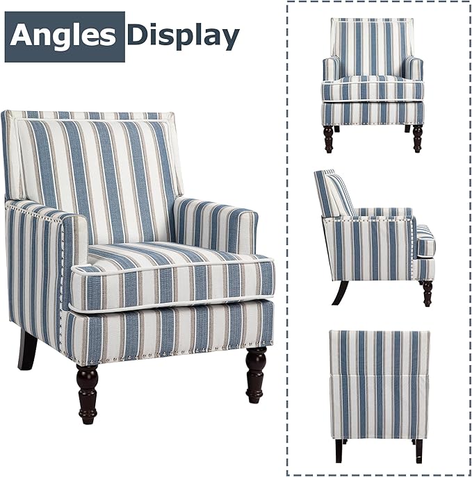 Accent Chair, Modern Comfy Mid-Century Accent Chairs，Linen Upholstered Lounge Arm Chair with Solid Wood Reading Side Padded Single Sofa for Living Room/Office/Balcony/Bedroom-Blue Stripe