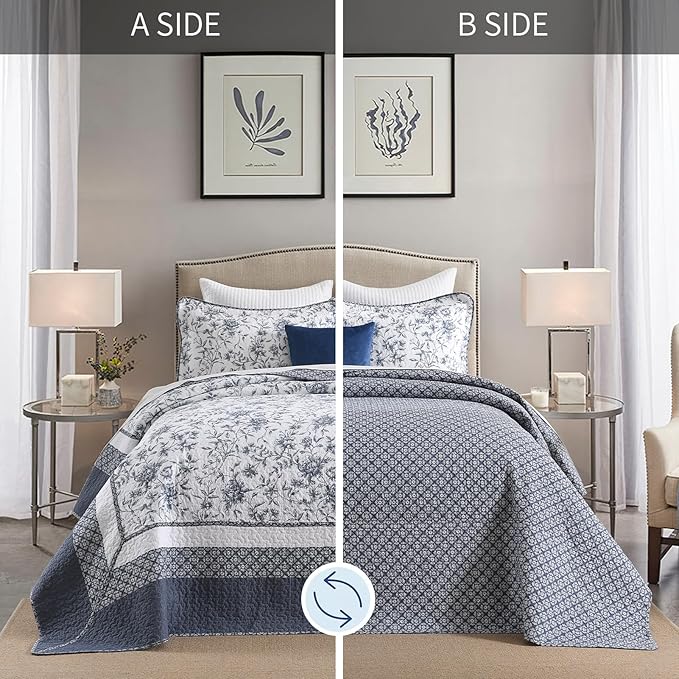 DDUOXIN Botanical Oversized King Bedspread - 120" W x120 L Extra Wide 100% Cotton California Quilt, Lightweight Reversible Oversize Bedspreads with 2 Pillow Shams, Blue/White