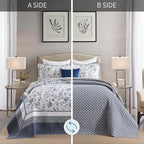 DDUOXIN Botanical Oversized King Bedspread - 120" W x120 L Extra Wide 100% Cotton California Quilt, Lightweight Reversible Oversize Bedspreads with 2 Pillow Shams, Blue/White