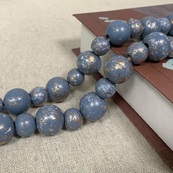 Handcrafted Farmhouse Wooden Decorative Beads Garland, Table Tray Boho Wood Beads with Tassel, Small Rustic Antique Decor for Home and Events (Ocean Mist Gold)