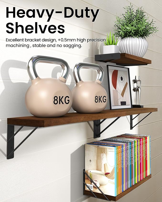 BAYKA Floating Shelves for Wall, Book Shelf for Bedroom, Decor Shelves for Living Room Kitchen, Mounted Wood Floating Shelf for Home Decor, Corner Shelf for Bathroom, Office(Walnut-Toned,Set of 4)