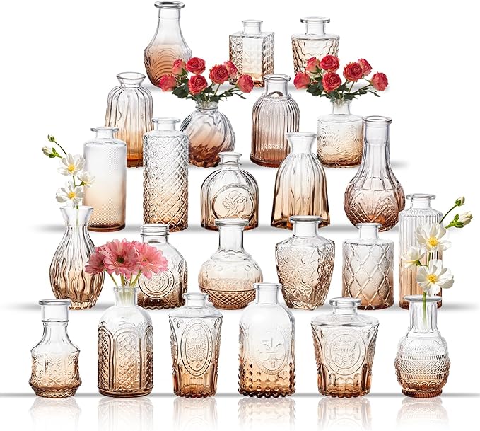 Glass Bud Vase Set of 24, Small Flower Vases, Glass Vases for Centerpieces, Vintage Home Table Decorations Bud Vases (24 Pcs, Amber)