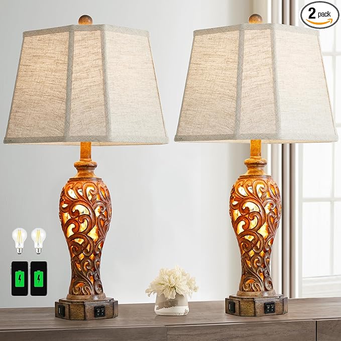 Set of 2 Rustic Table Lamps for Living Room Bedroom, 2 USB Ports 25'' Vintage Farmhouse Desk Lamp with Nightlight, Brown Hollow Out Resin Lamp for End Table (Bulbs Included)