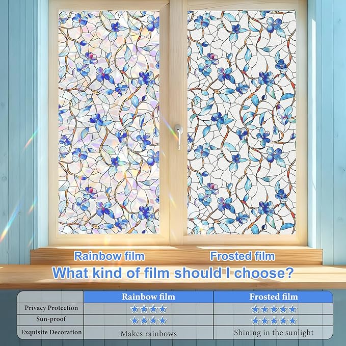 Window Privacy Film Stained Glass Decorative Static Clings Frosted Window Tint for Home Room Decor Bathroom Door Car Stickers with Glittering Effect, Removable(Blue Violet Botanical)