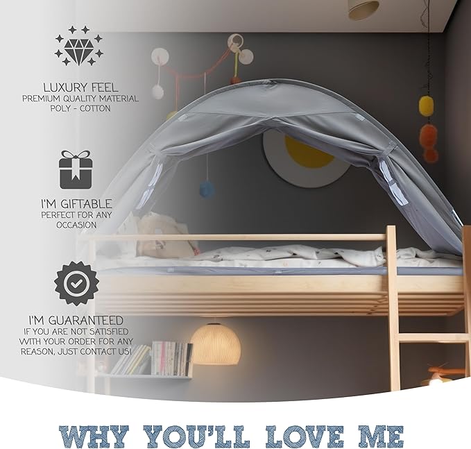 Gray Twin Bed Tent for Kids Indoor Fort - Magical Dream Tents for Boys Pop Up Toddler Bed Canopy for Girls Bunk Bed Tent for Top Bunk - Sensory Sleep Pod for Kids Educational
