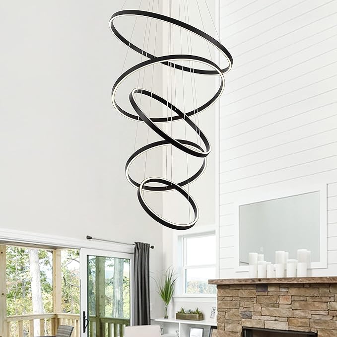 Modern LED Chandelier, 15.7"-31.4" Ring Chandelier, Black, High Ceiling, Foyer, Living Room