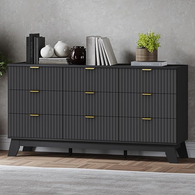 Fluted 9 Drawer Dresser, 57.1" Wide Modern Boho Chest of Drawers, Wooden Storage Dresser TV Stand for Bedroom, Living Room, Closet, Hallway, Curved Profile Design