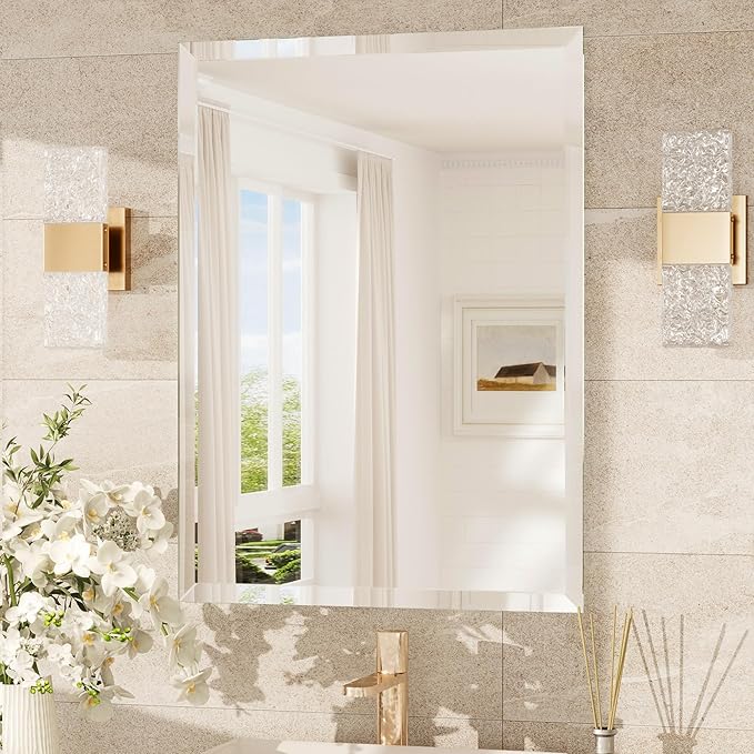 TokeShimi 22x30 Bathroom Vanity Mirror Beveled Rectangle, Frameless Mirror Bathroom with 1" Beveled Edge, Shatterproof Modern Decorative Wall Mirrored for Living Room, Entryway, Bedroom