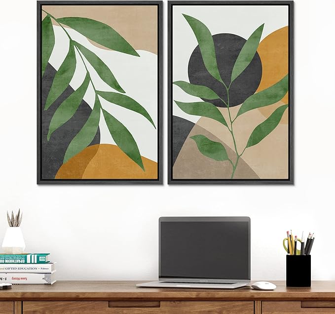SIGNFORD Framed Canvas Print Wall Art Set Geometric Mid-Century Plant Collage Abstract Shapes Illustration Modern Art Decorative Nordic Nature for Living Room, Bedroom, Office - 24"x36"x2 Black