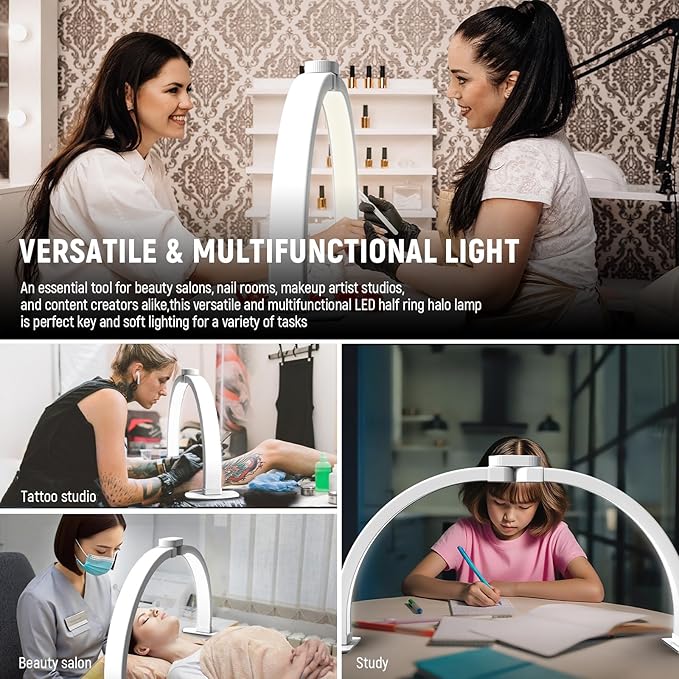 NEEWER BASICS 23" Half Moon Nail Light for Desk, 308 LEDs 28W Bi Color CRI85+ Foldable Nail Tech Table Arc Lamp with Overhead Phone Mount for Manicure Handicraft Lighting Beauty Video Recording,HM04-D