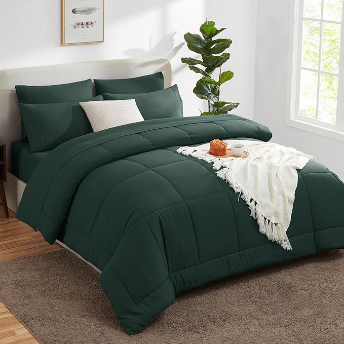 CozyLux Queen Comforter Set Forest Green, 7 Pieces Bed in a Bag, Green Comforter Queen Size, All Season Bedding Sets with Stitch Quilted Comforter, Flat Sheet, Fitted Sheet, Pillowcases