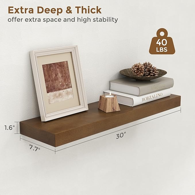 Marsmiles 30 Inch Floating Shelves for Wall - Dark Wood Floating Shelves Set of 2-30 Inch Wide x 7.7 Inch Deep x 1.6 Inch Thick Wooden Shelves for Room Wall